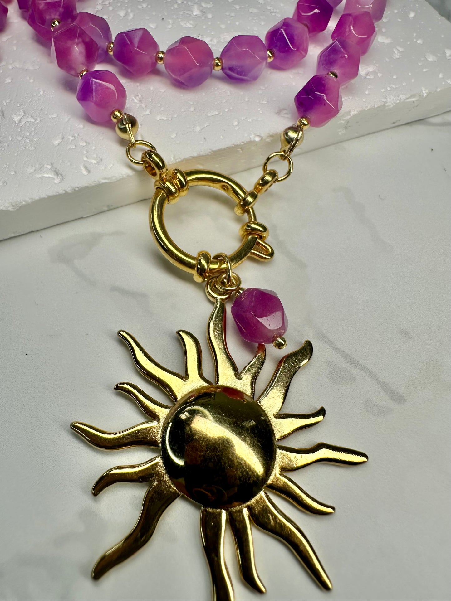 Pink Jade Necklace – Handmade Bohoq Jewellery with Large Sun Charm