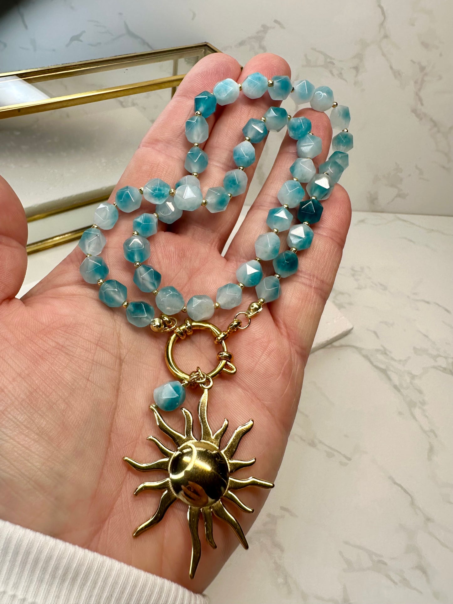 Handmade Beaded Aqua Jade Necklace with Sun Pendant