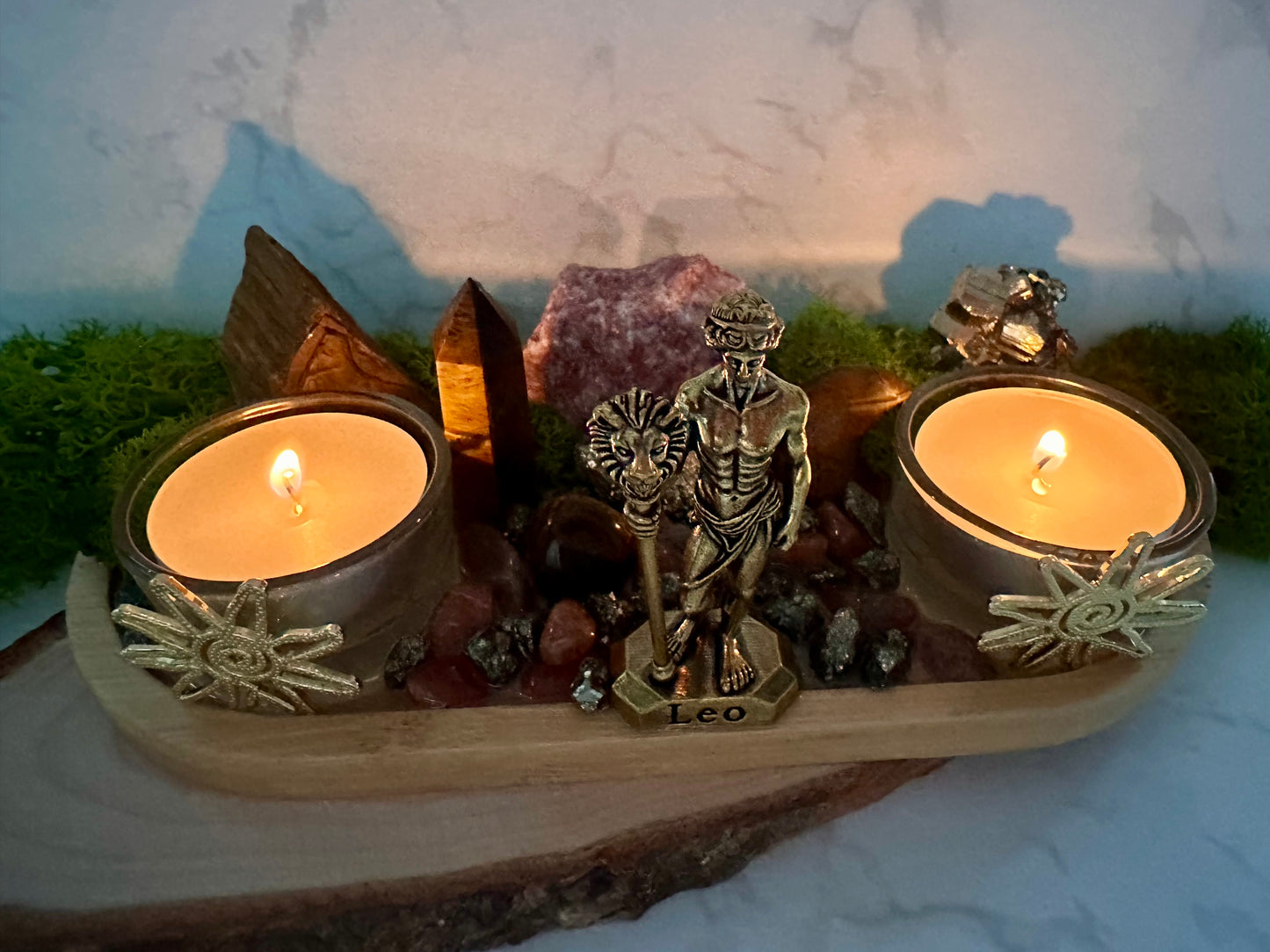 Leo Zodiac Crystal Tray • Tiger Eye, Sunstone & Pyrite • Handmade Leo Altar