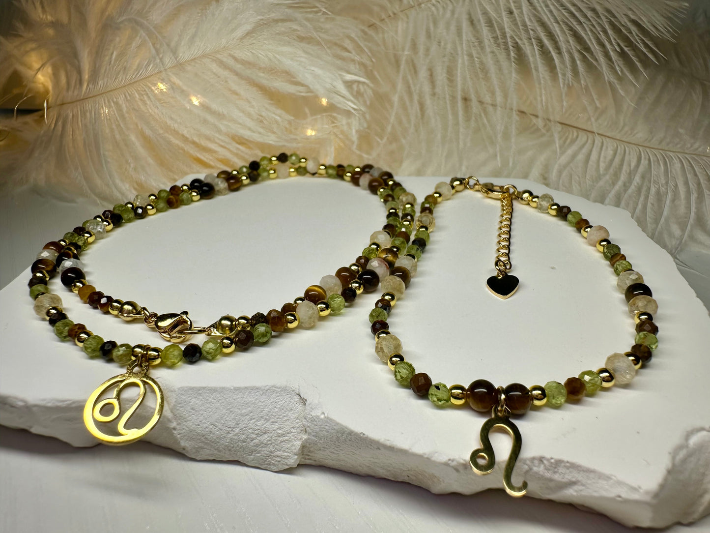 Leo Zodiac Jewelry Set – Handmade Peridot, Tiger Eye & Citrine Necklace and Bracelet Astrology Gift