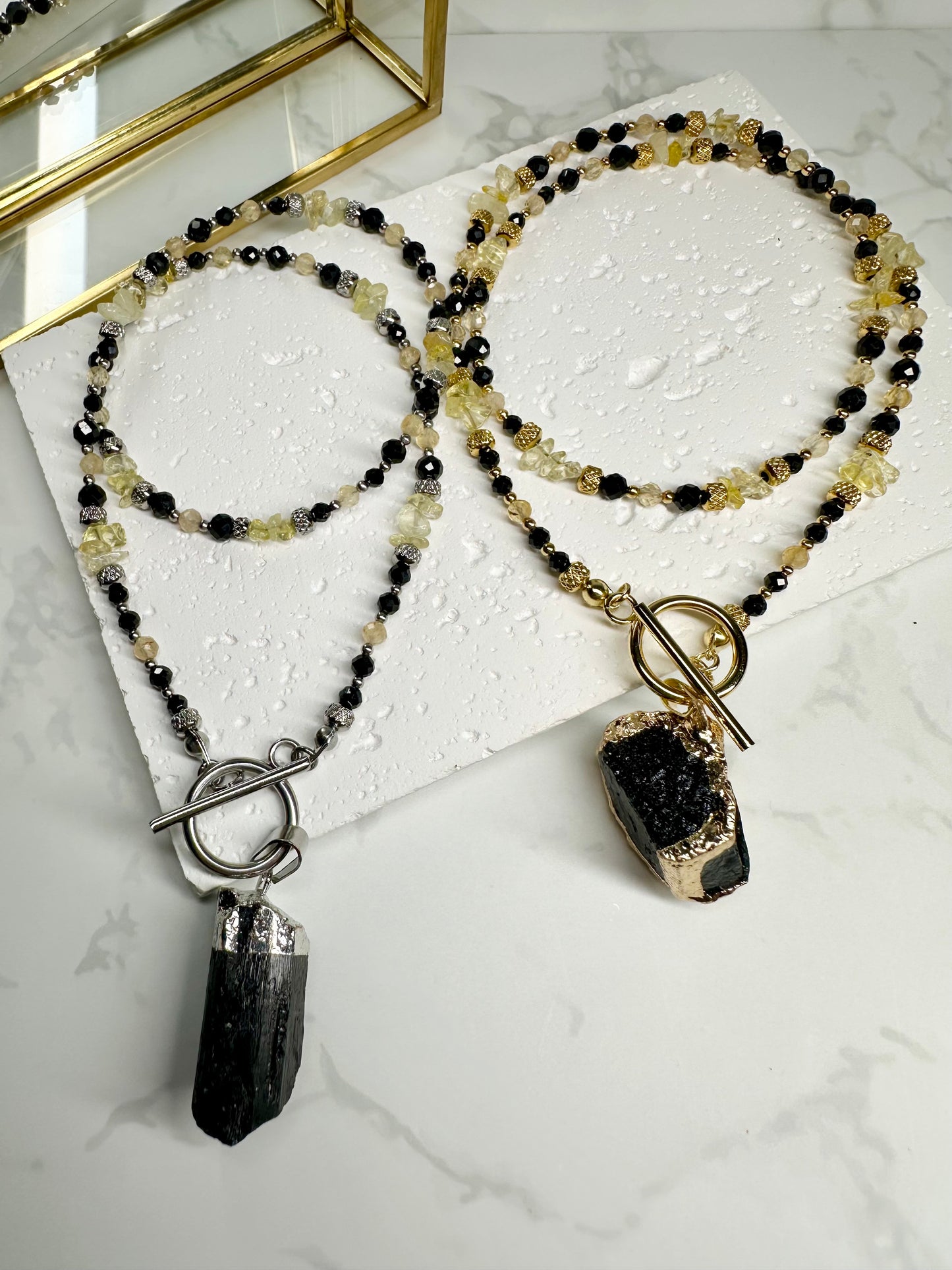 Black Tourmaline & Citrine Necklace with Raw Pendant