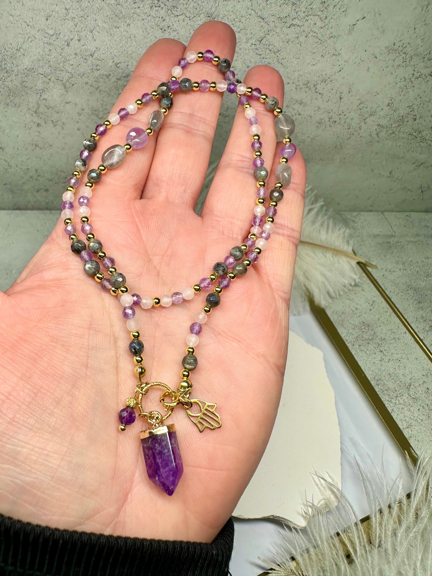 Labradorite, Rose Quartz & Amethyst Necklace – Handmade Beaded Crystal Necklace for Intuition, Love & Protection