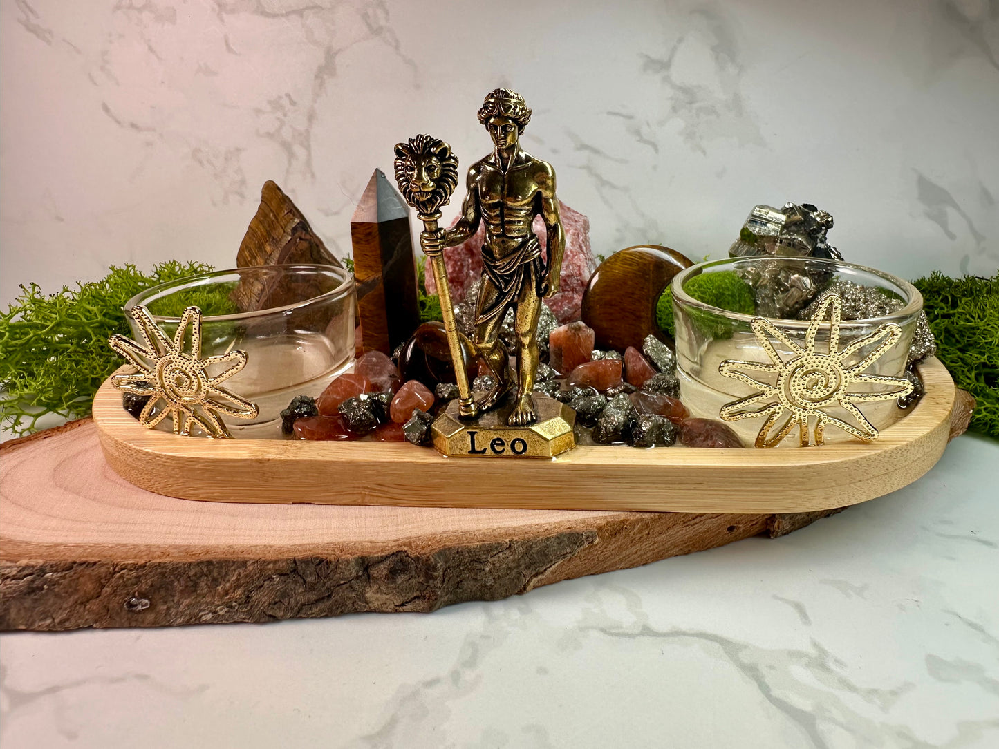 Leo Zodiac Crystal Tray • Tiger Eye, Sunstone & Pyrite • Handmade Leo Altar