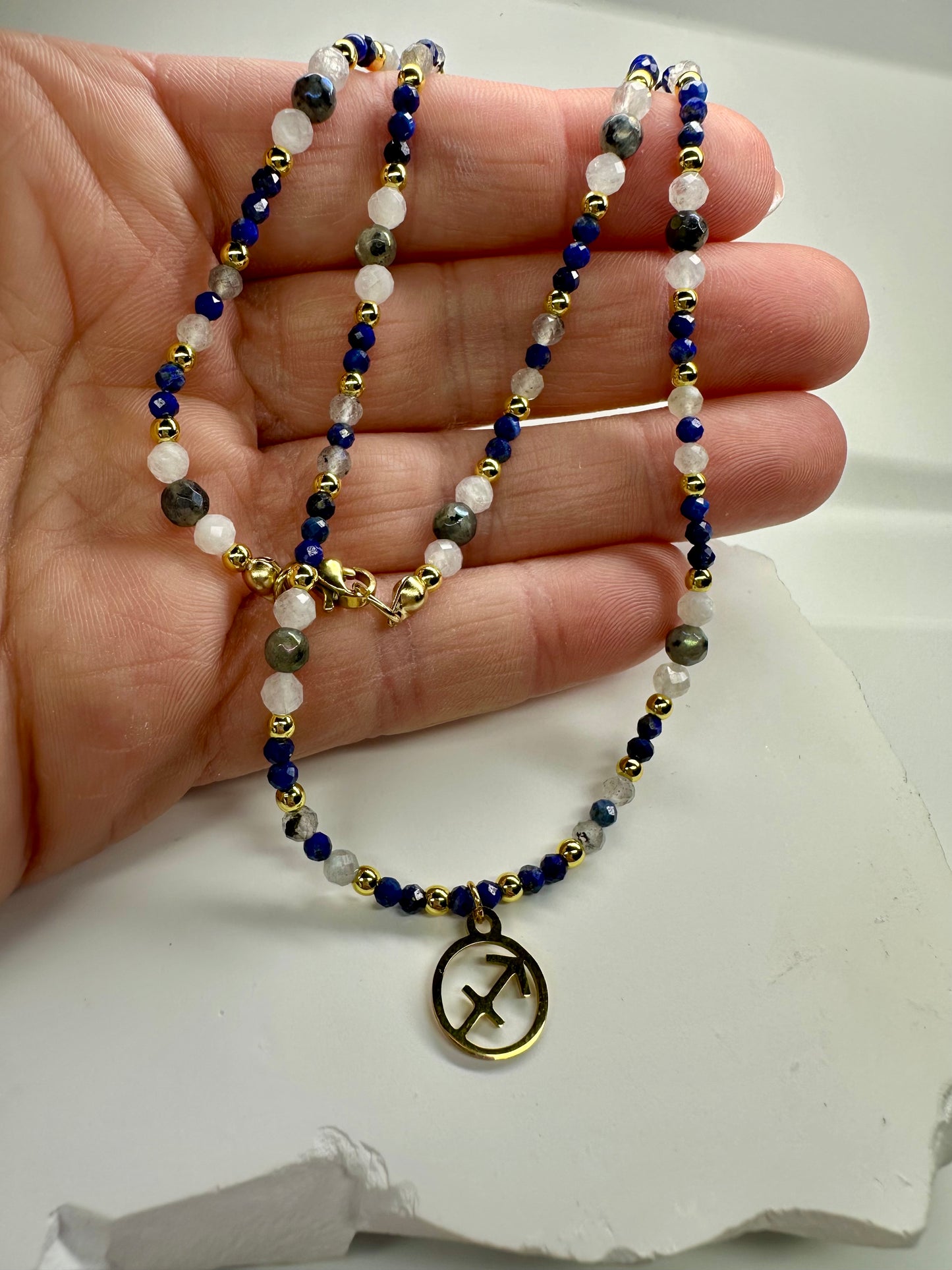 Sagittarius Zodiac Necklace – Lapis Lazuli, Labradorite & Moonstone | Handmade Crystal Beaded Jewellery | Astrology Gift for Her