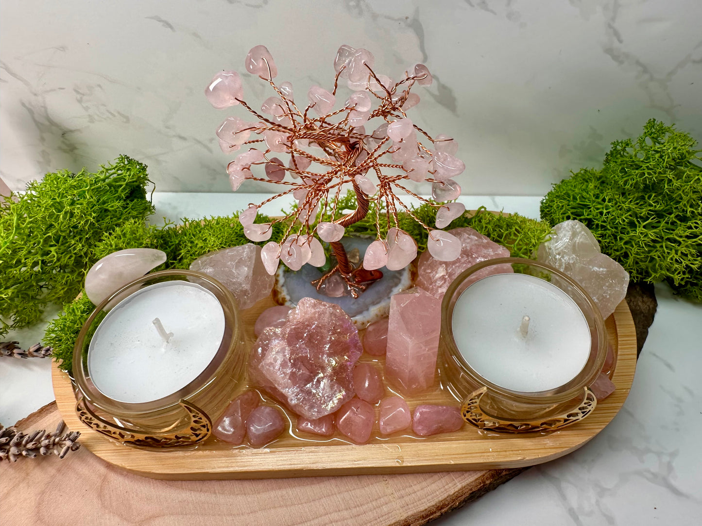 Love & Self‑Love Crystal Candle Holder | Rose Quartz Altar Tray | Divine Feminine Ritual Decor, Spiritual Gift,