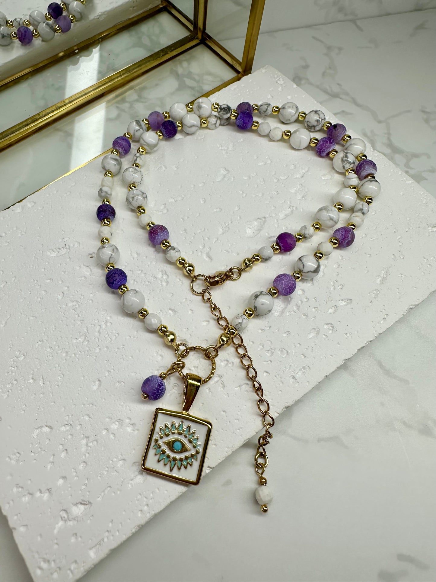 Lilac Cracked Agate - White Howlite Beaded Necklace with Evil Eye Pendant
