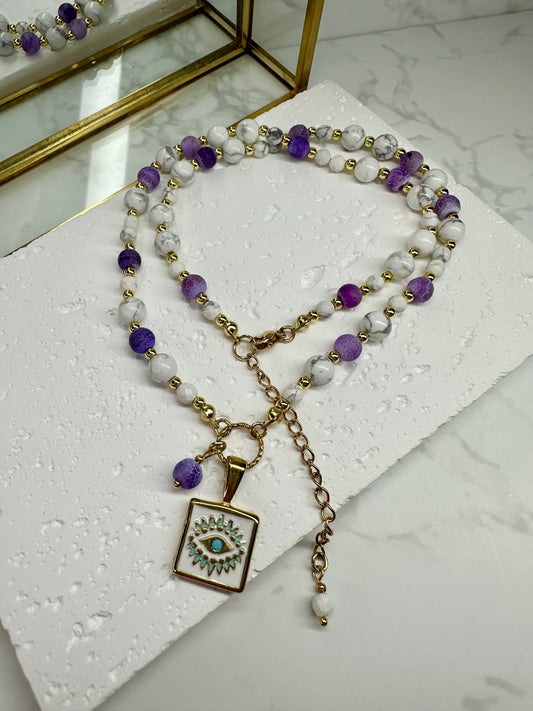 Lilac Cracked Agate - White Howlite Beaded Necklace with Evil Eye Pendant