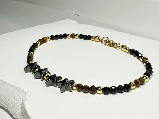 Black Tourmaline, Tiger Eye & Hematite Stars Bracelet – Handmade Protection Jewelry for Strength, Focus & Energy Shielding