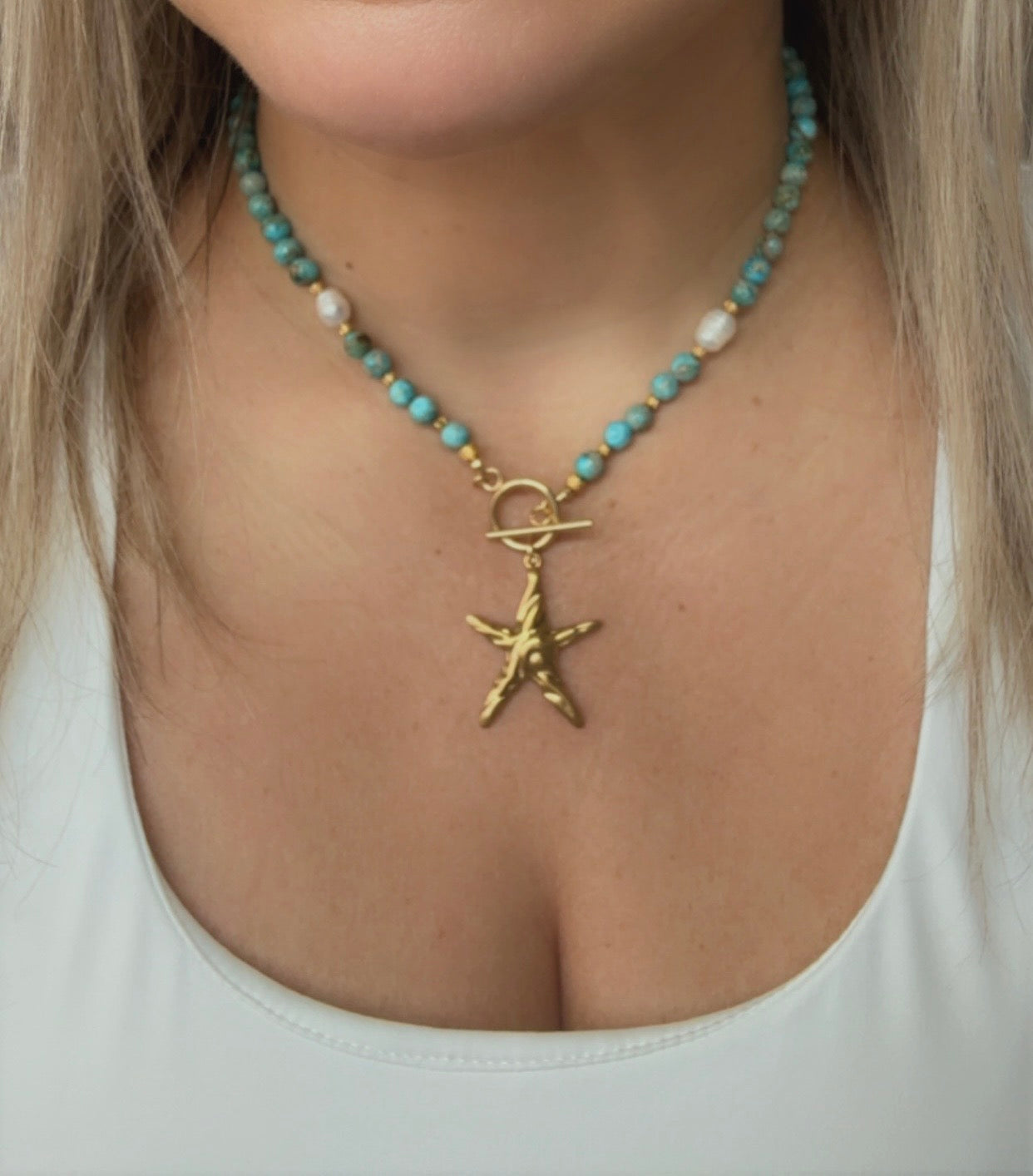 Turquoise-Blue Imperial Jasper Necklace with Baroque Pearls & Large Starfish Pendant – Gold or Silver Toggle T-Bar Handmade Ocean Jewelry