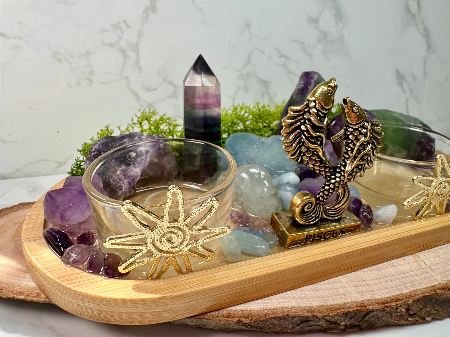 Pisces Zodiac Crystal Altar • Rainbow Fluorite, Aquamarine & Amethyst
