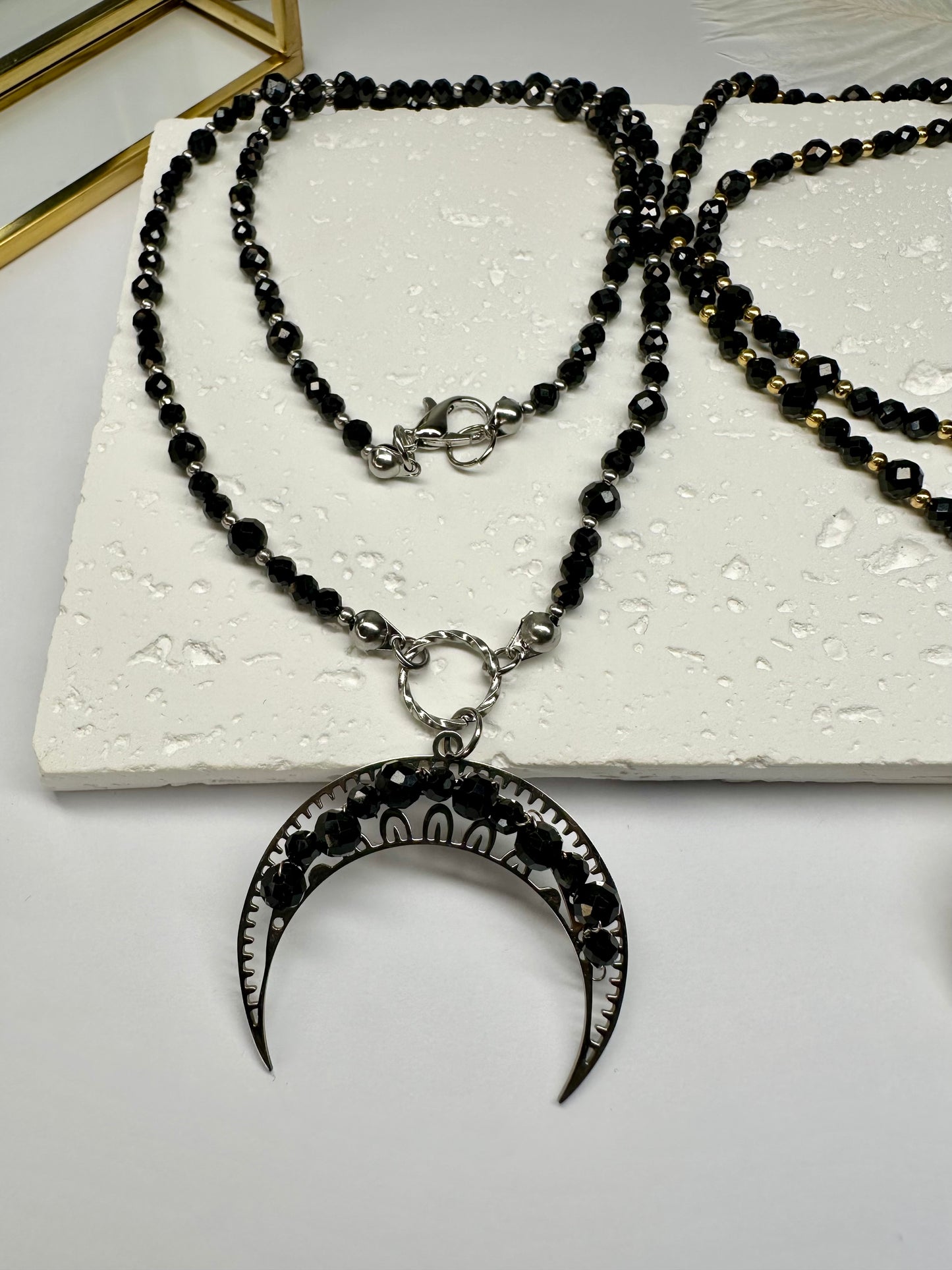 Black Tourmaline Crescent Moon Necklace – Protection & Power