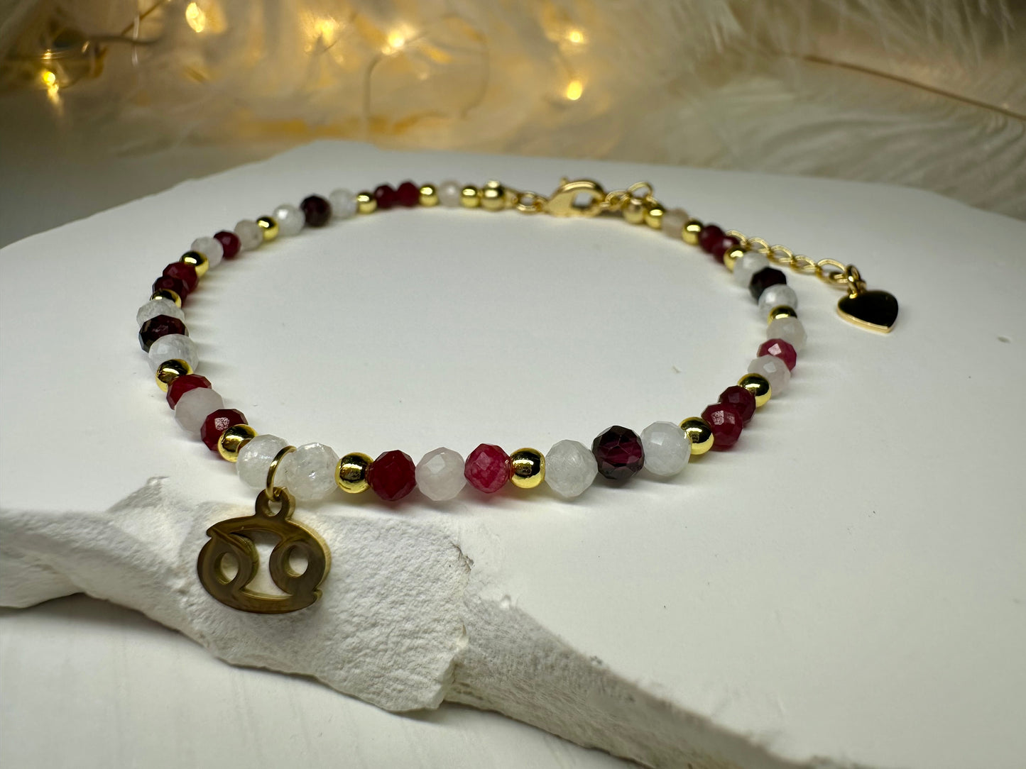 Handmade Cancer Zodiac Bracelet – Ruby, Rose Quartz & Moonstone Beaded Crystal Jewelry Astrology Birthday Gift