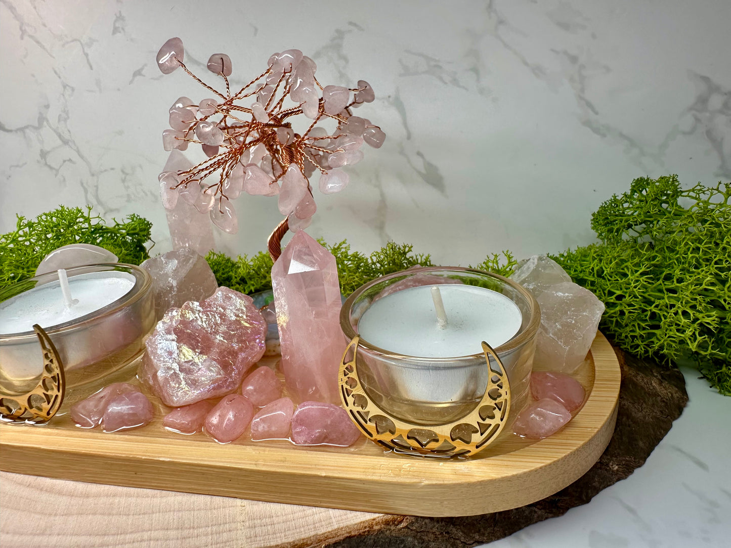 Love & Self‑Love Crystal Candle Holder | Rose Quartz Altar Tray | Divine Feminine Ritual Decor, Spiritual Gift,