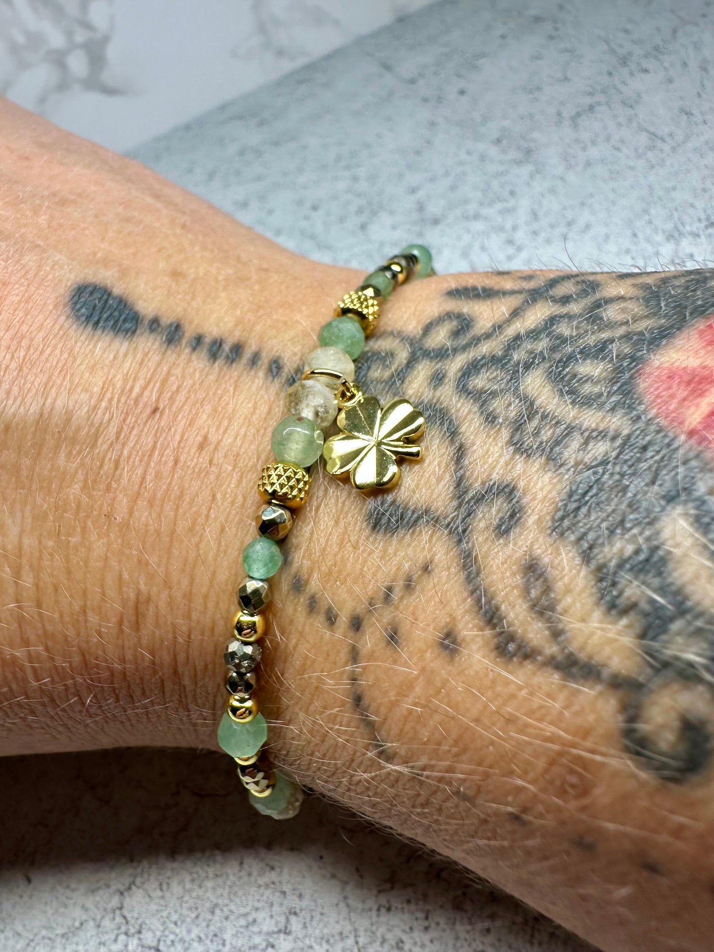 Money Attraction Bracelet – Pyrite, Citrine & Green Aventurine with Clover Pendant for Wealth, Luck & Prosperity