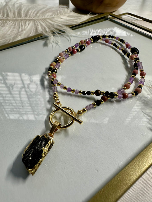 Rhodonite, Black Tourmaline & Amethyst Necklace – Crystal Protection & Intuition Jewelry
