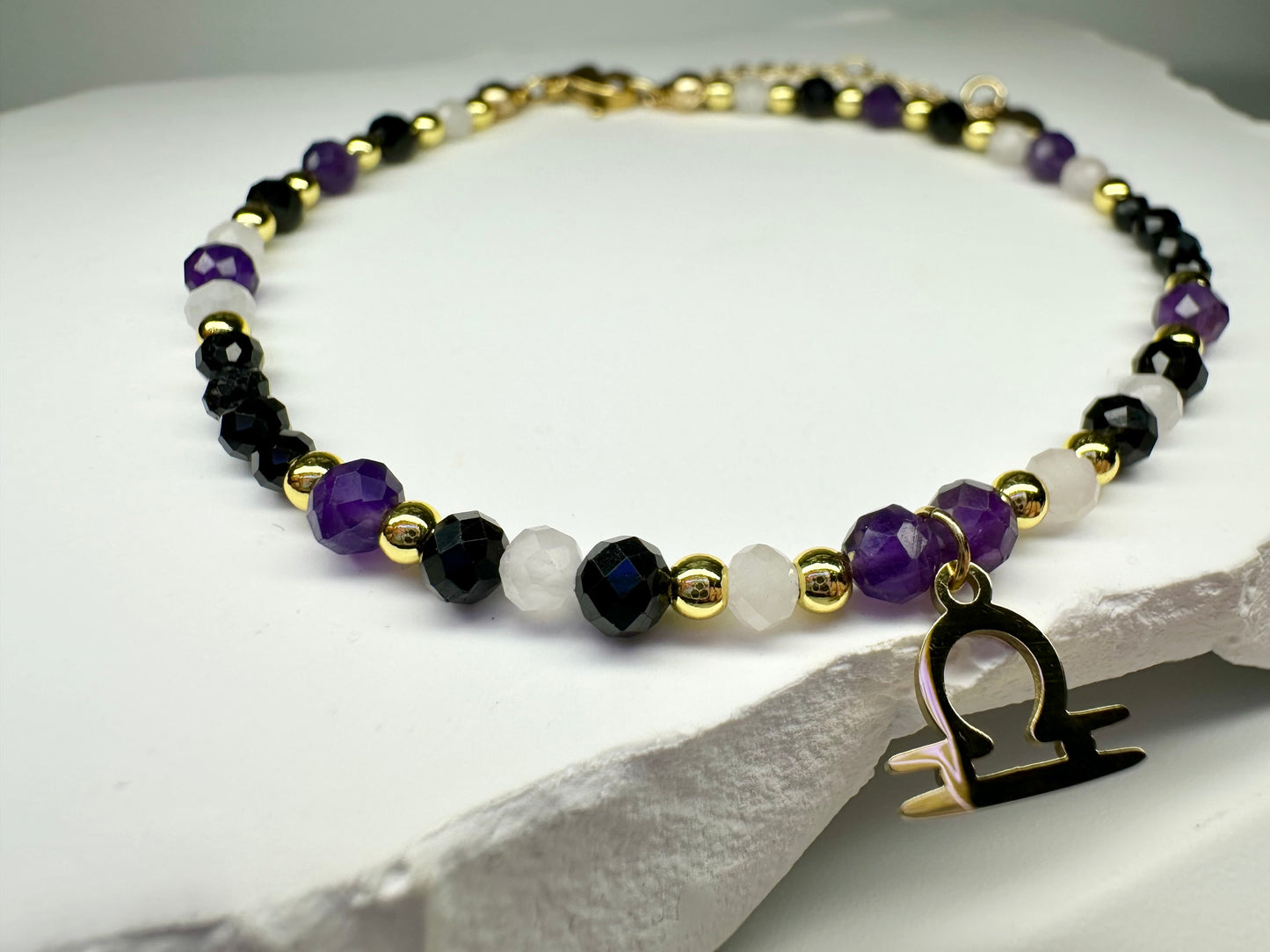 Libra Zodiac Jewellery Set – Bracelet & Necklace | Black Tourmaline, Amethyst & Rose Quartz | Handmade Crystal Gift