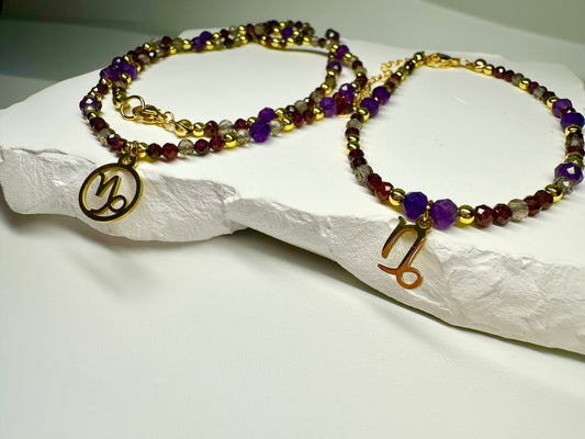Capricorn Zodiac Jewellery Set – Smoky Quartz, Garnet & Amethyst | Handmade Necklace & Bracelet for Grounding & Ambition