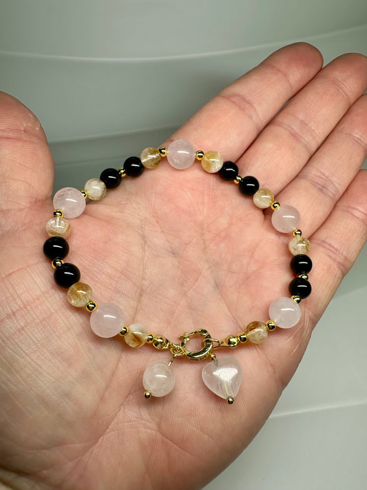 Citrine, Black Tourmaline, Rose Quartz Bracelet – Protection, Love & Abundance Bracelet