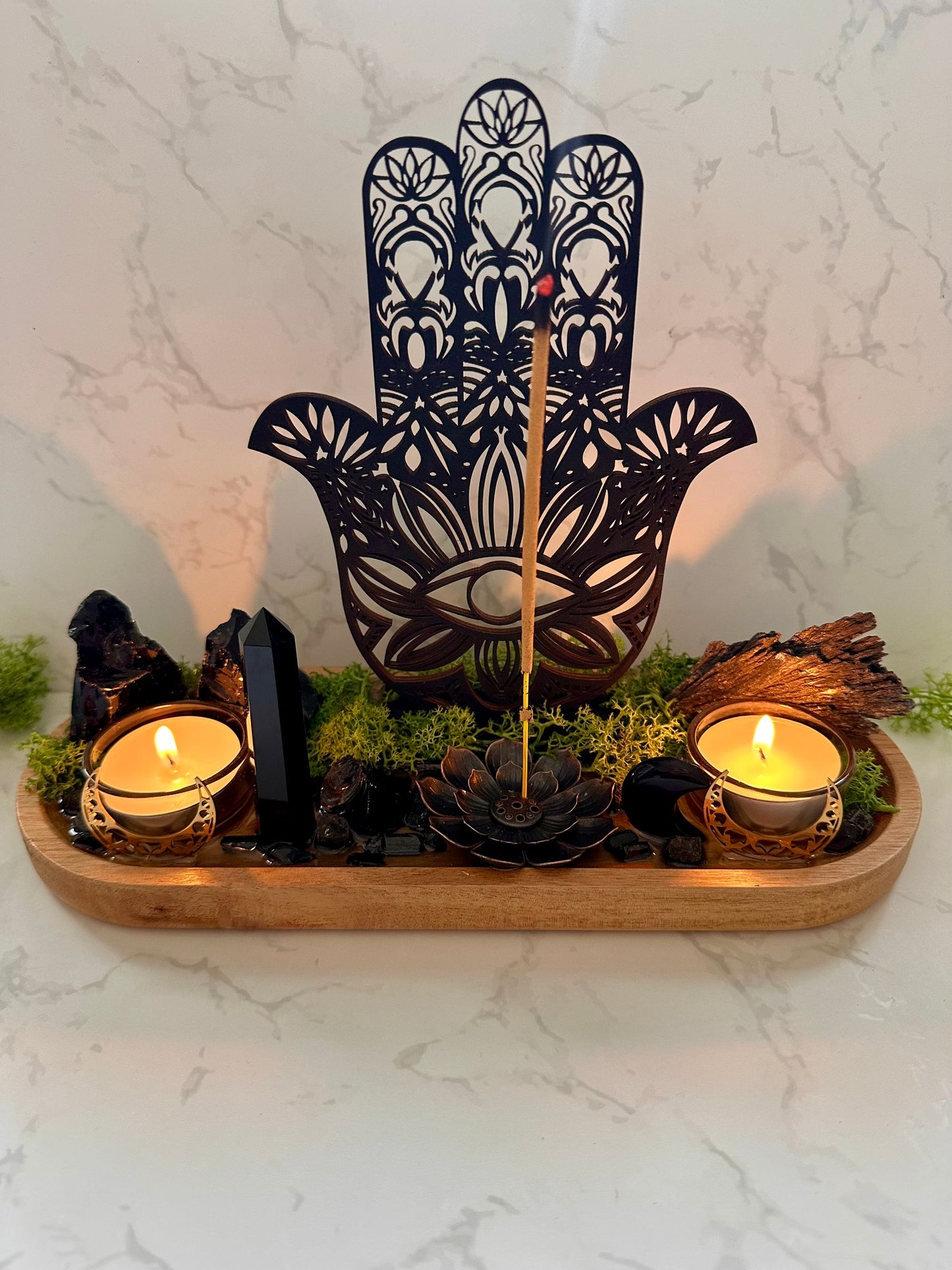 Black Tourmaline, Obsidian Protection Tray | Hamsa Hand Evil Eye Decor | Resin Altar Tray with Incense Holder | Ritual Decor, Spiritual Gift