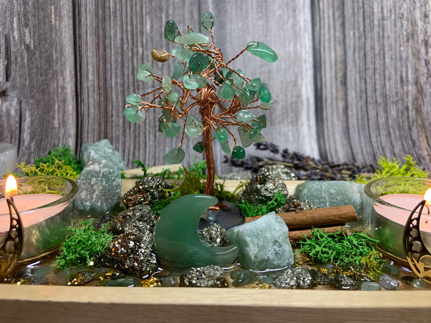 Prosperity Altar Tray, Money Pyrite & Green Aventurine Money Tree Candle Holder , Wealth Manifestation Decor, Abundance Ritual Crystal Gift