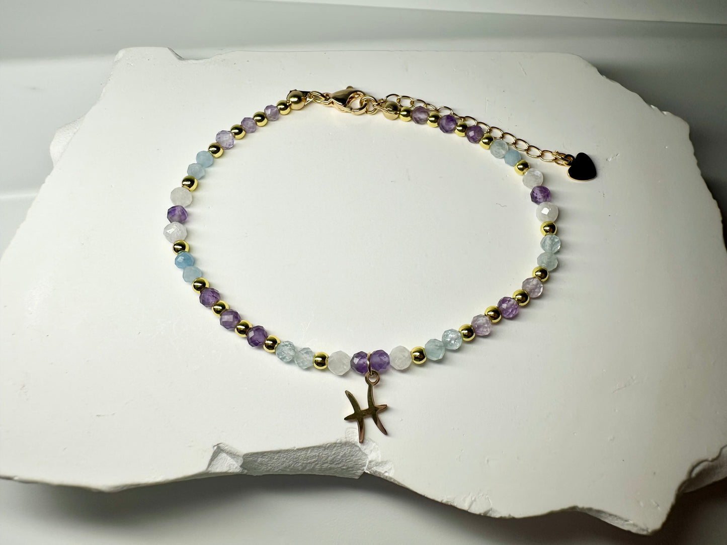 Pisces  Zodiac Bracelet,Handmade beaded Aquamarine ,Moonstone , Amethyst , Pisces Gift