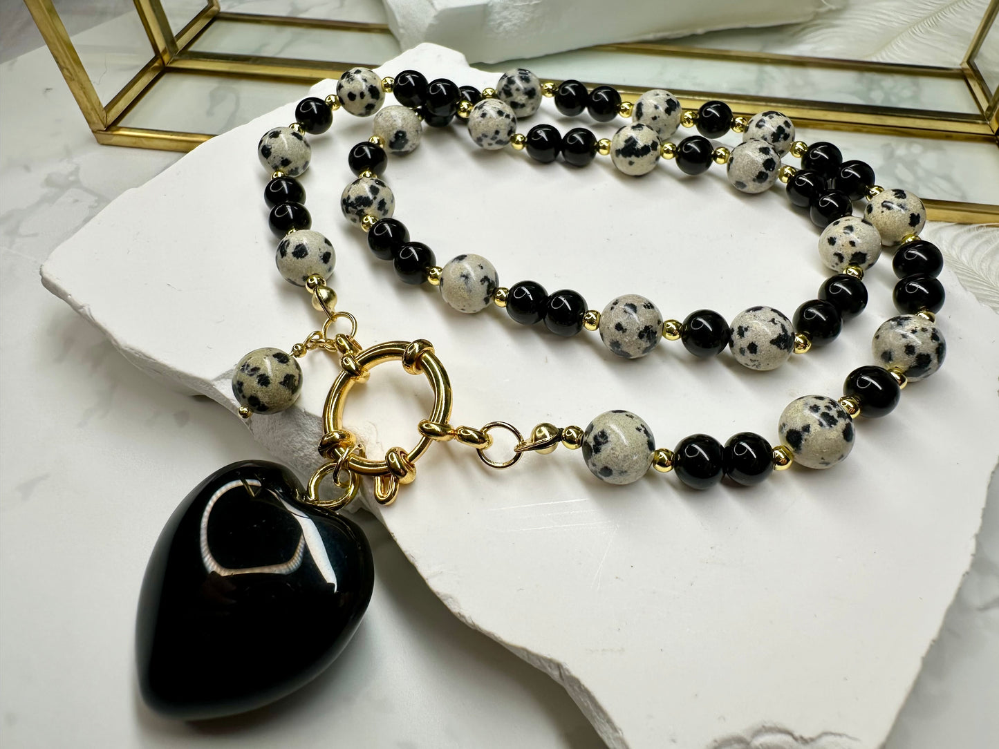 Dalmatian Jasper & Black Obsidian Heart Necklace –