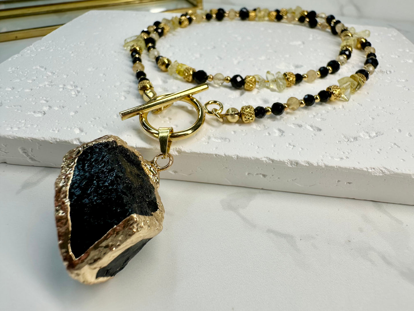 Black Tourmaline & Citrine Necklace with Raw Pendant