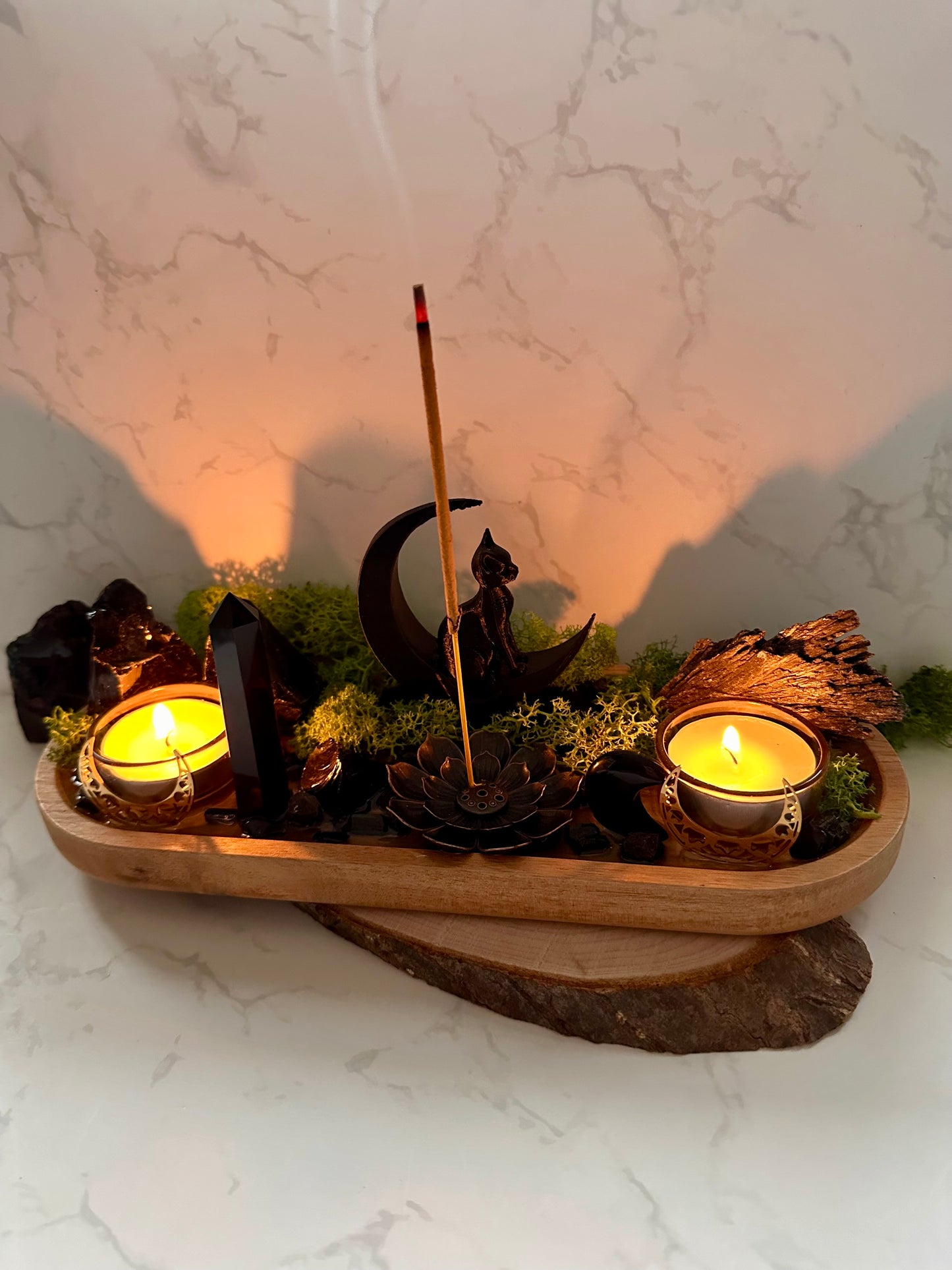 Black Tourmaline & Obsidian Moon Cat Altar | Incense Holder | Housewarming Gift |Witchcraft Decor | Protection Crystal Tray| Resin Altar