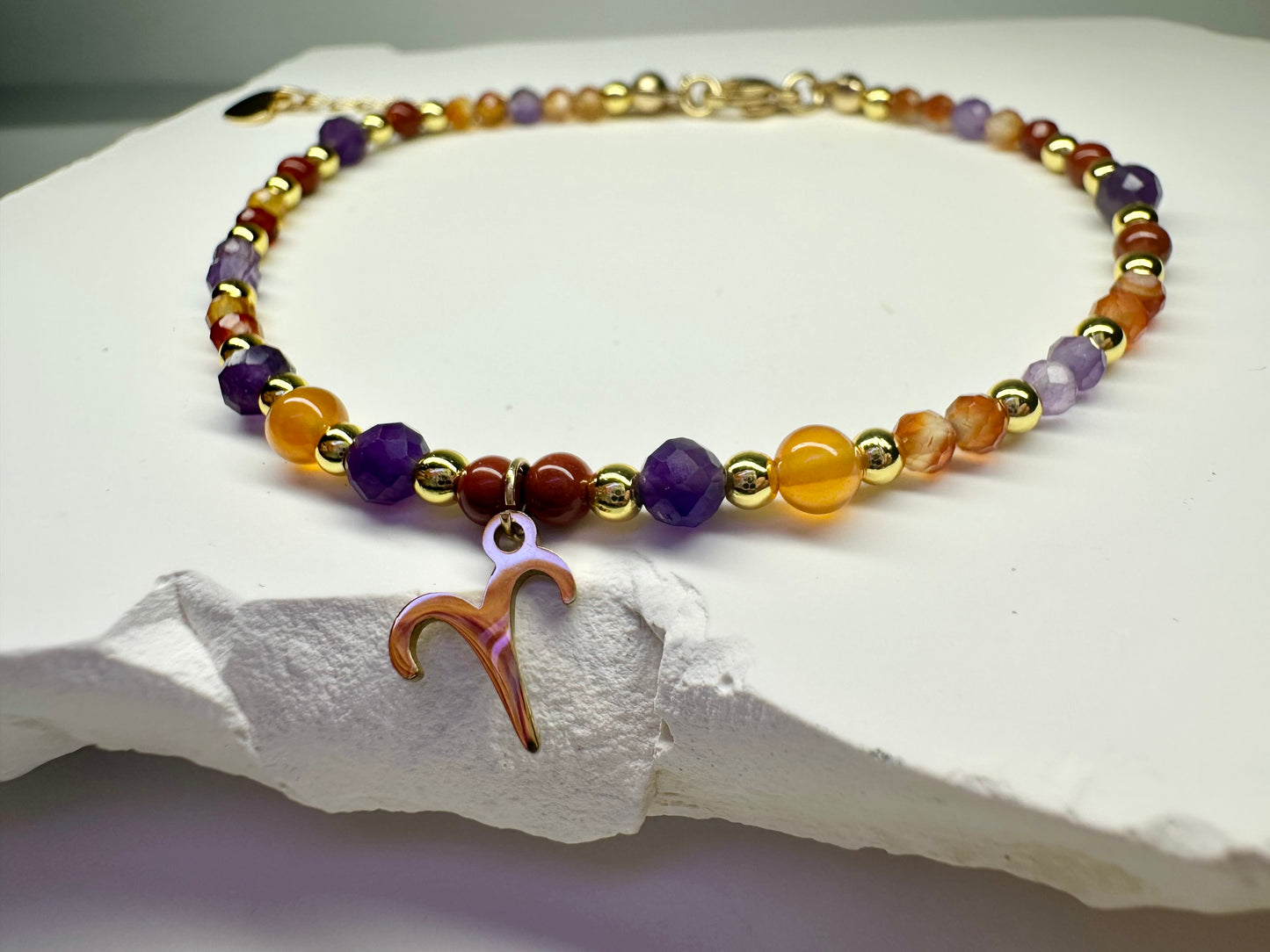 Aries Crystal Bracelet – Handmade Beaded Carnelian & Amethyst Jewellery for Courage and Calm