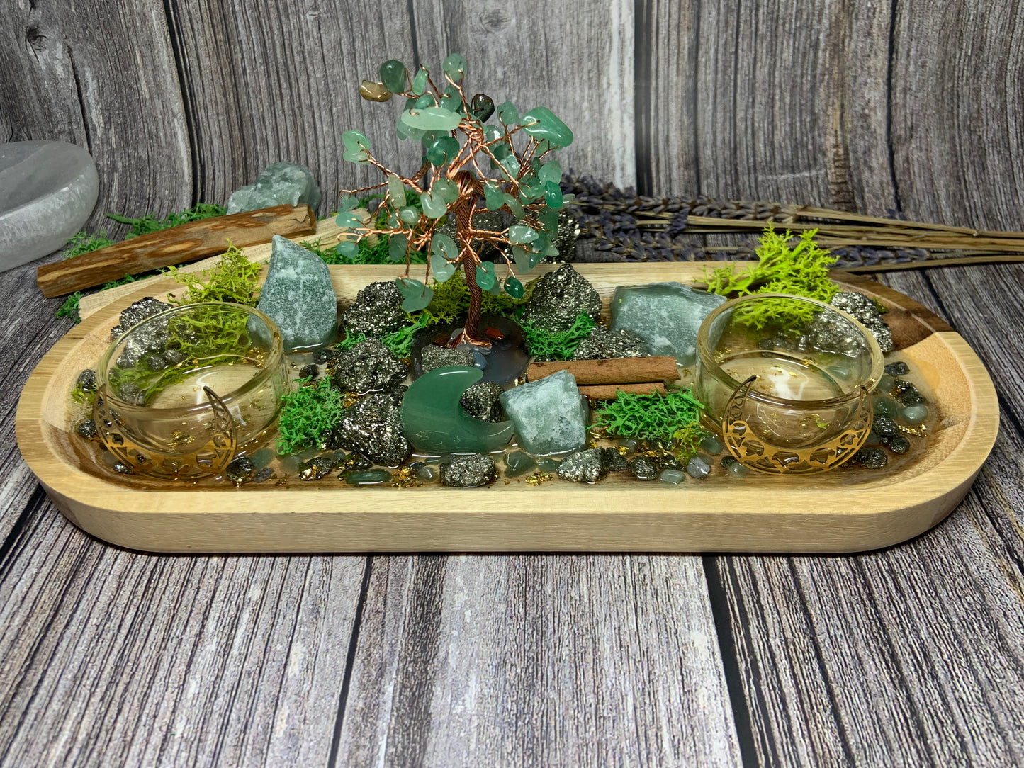 Prosperity Altar Tray, Money Pyrite & Green Aventurine Money Tree Candle Holder , Wealth Manifestation Decor, Abundance Ritual Crystal Gift