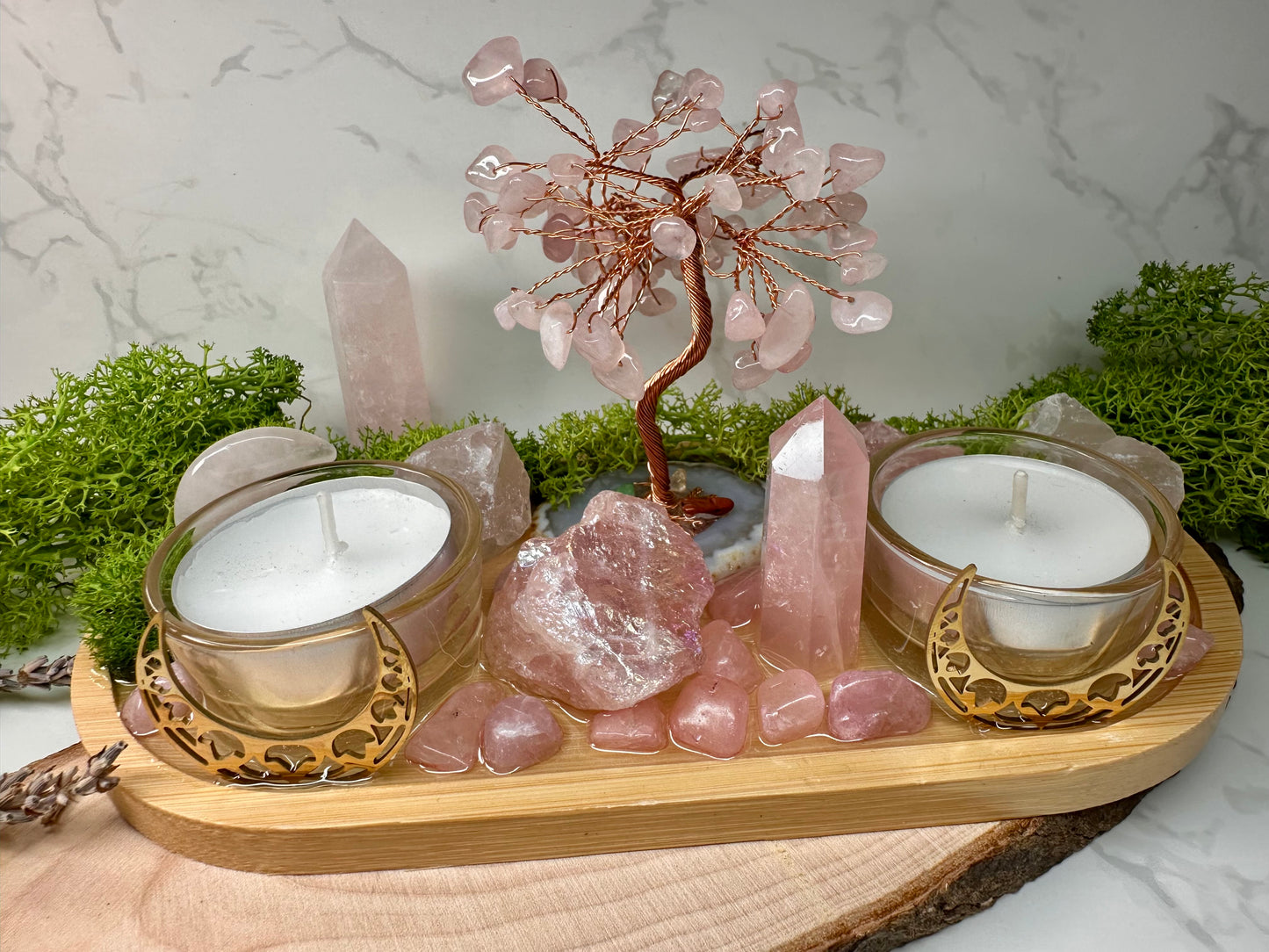 Love & Self‑Love Crystal Candle Holder | Rose Quartz Altar Tray | Divine Feminine Ritual Decor, Spiritual Gift,
