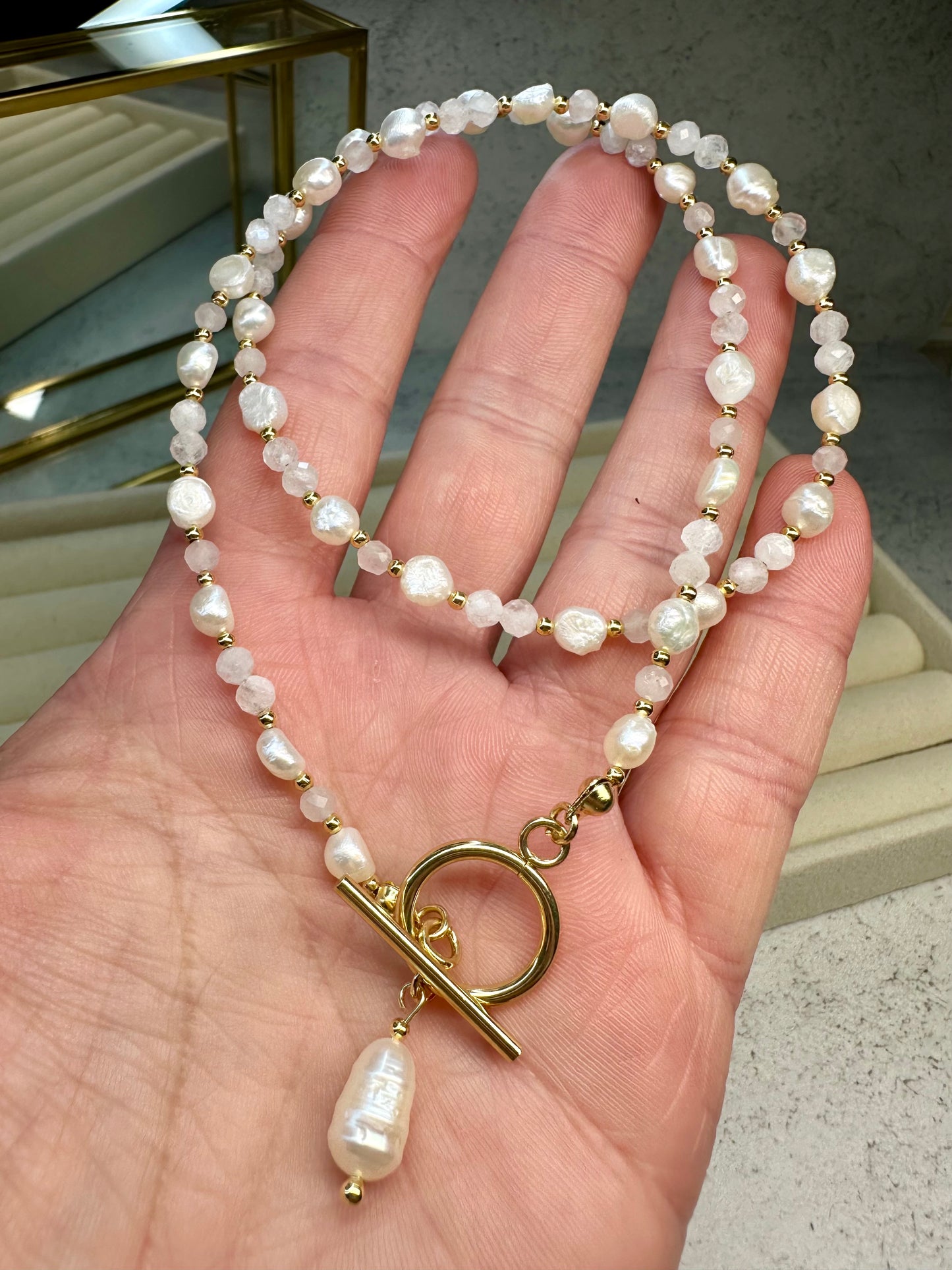 Freshwater Pearl• Moonstone • Rose Quartz Necklace • Baroque Pearl  Toggle Clasp