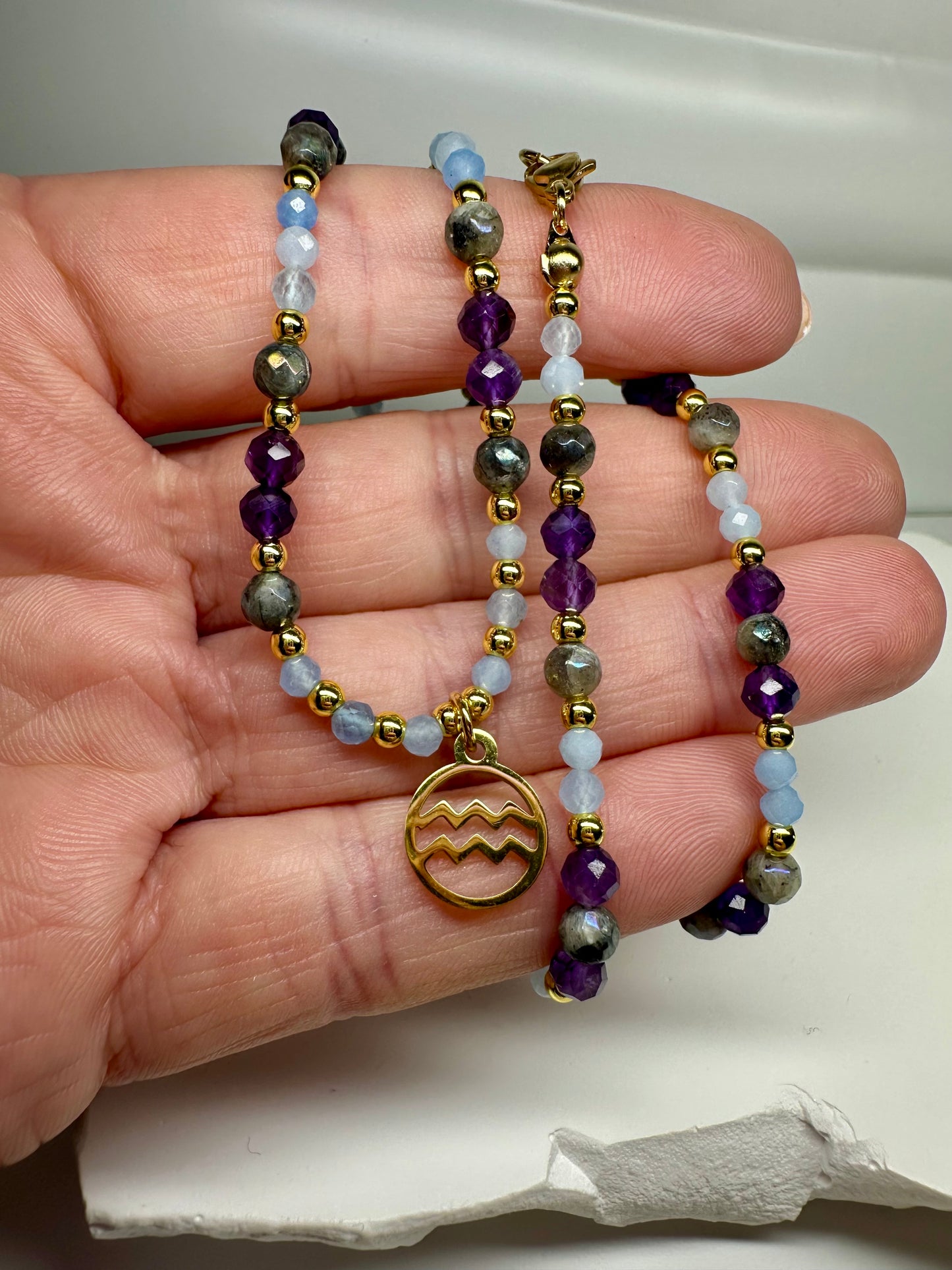 Aquarius Zodiac Necklace – Amethyst, Labradorite & Aquamarine for Intuition & Flow