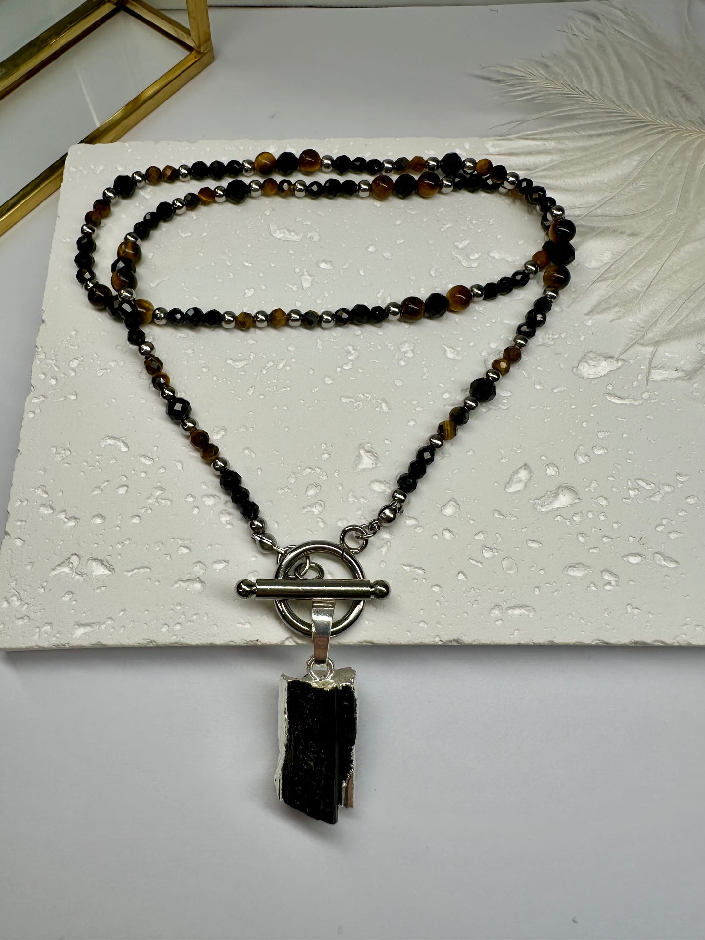 Black Tourmaline & Tiger’s Eye Necklace – Raw Crystal Pendant, Grounding & Protection