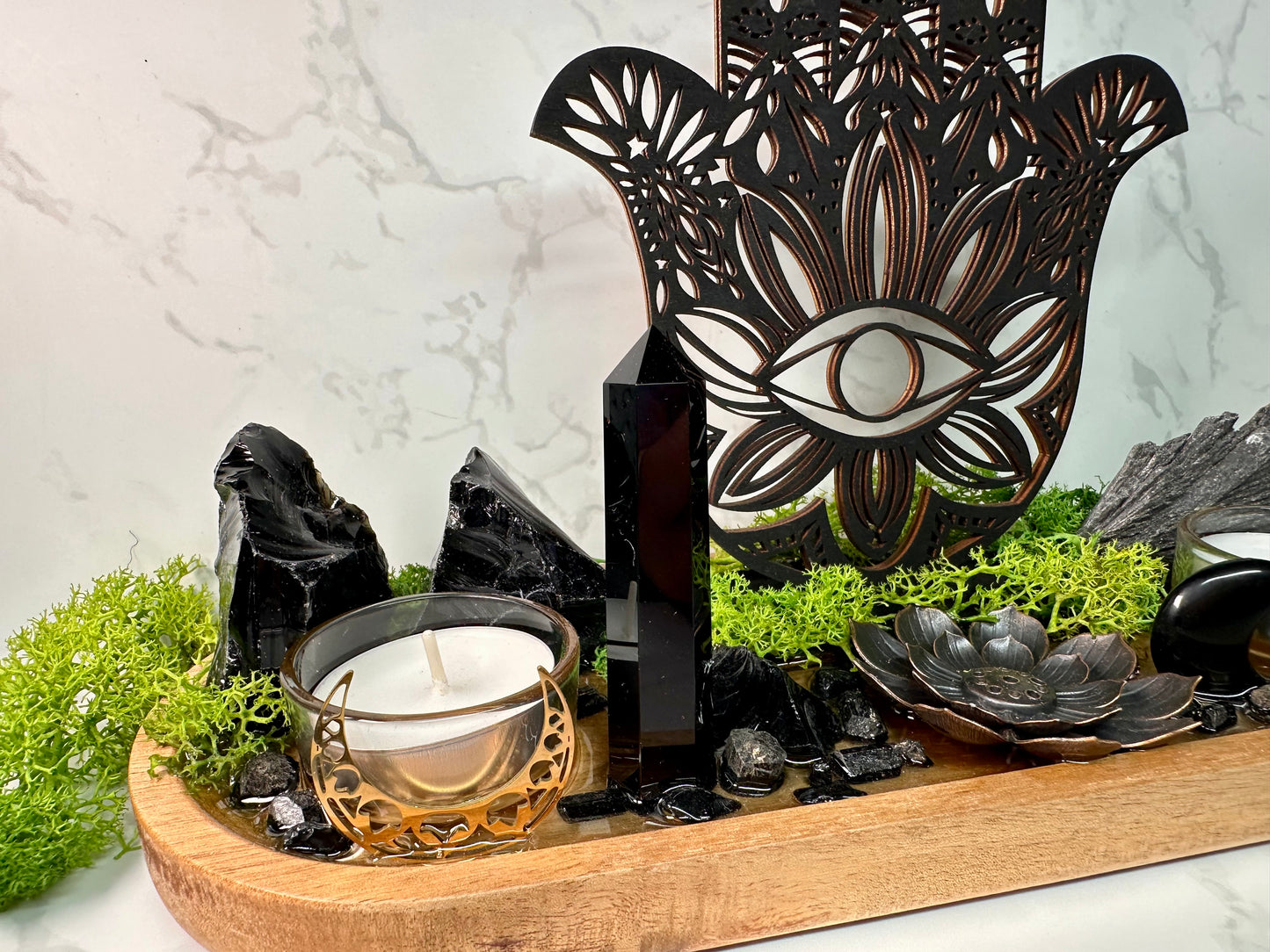 Black Tourmaline, Obsidian Protection Tray | Hamsa Hand Evil Eye Decor | Resin Altar Tray with Incense Holder | Ritual Decor, Spiritual Gift