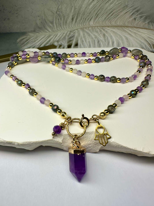 Labradorite, Rose Quartz & Amethyst Necklace – Handmade Beaded Crystal Necklace for Intuition, Love & Protection