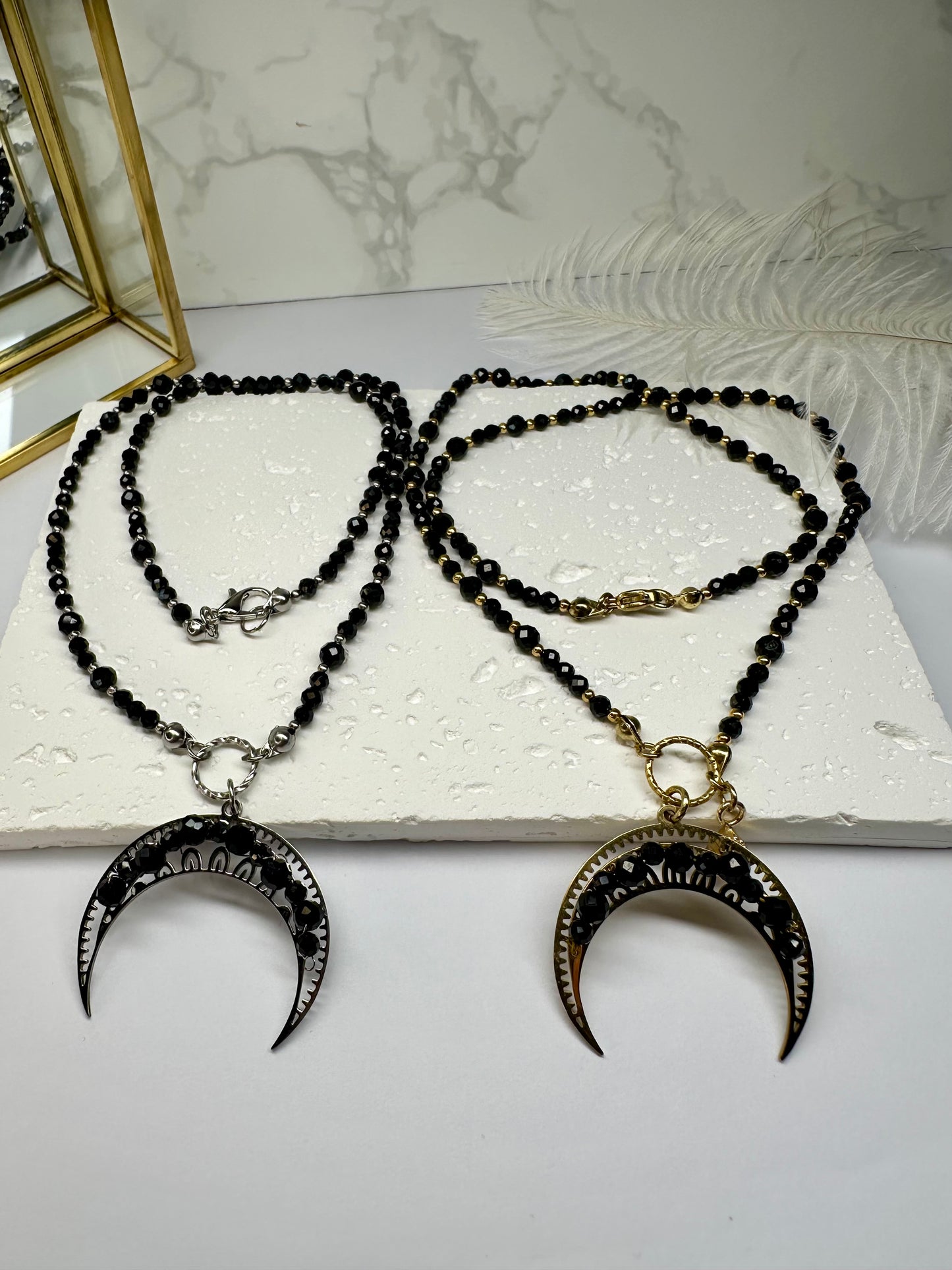 Black Tourmaline Crescent Moon Necklace – Protection & Power