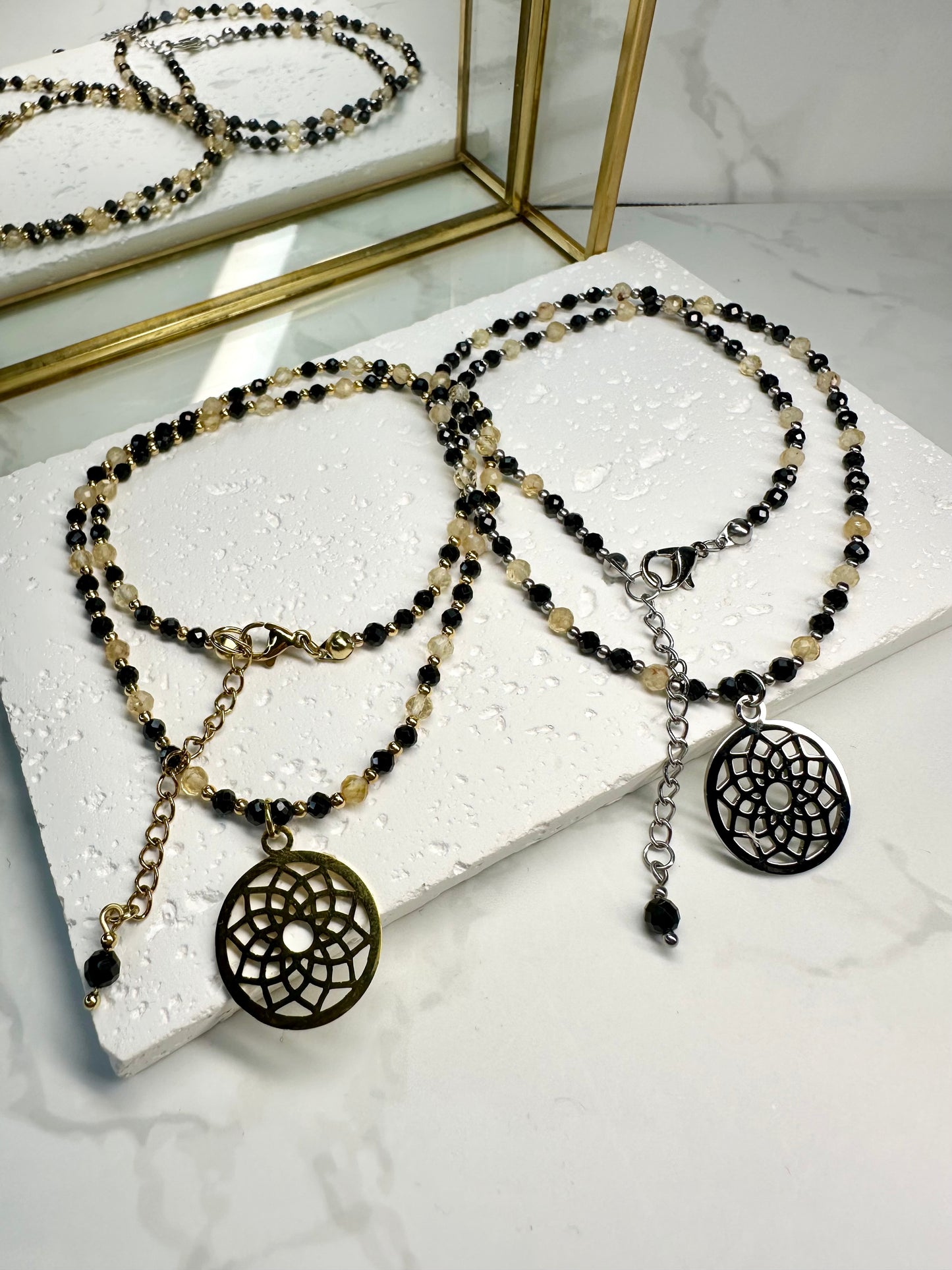 Dainty Black Tourmaline  Citrine Necklace • Mandala Pendant • Protection & Abundance