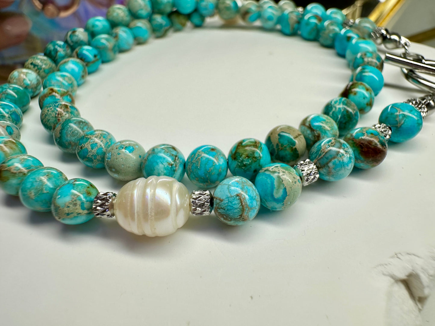 Turquoise-Blue Imperial Jasper Necklace with Baroque Pearls & Large Starfish Pendant – Gold or Silver Toggle T-Bar Handmade Ocean Jewelry