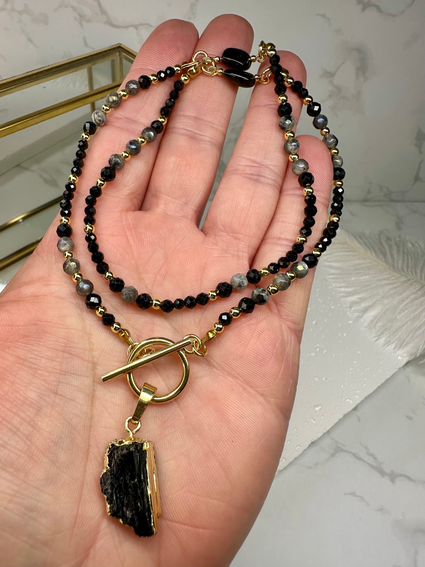 Black Tourmaline Pendant Necklace – Labradorite Beads & Gold Toggle Clasp –
