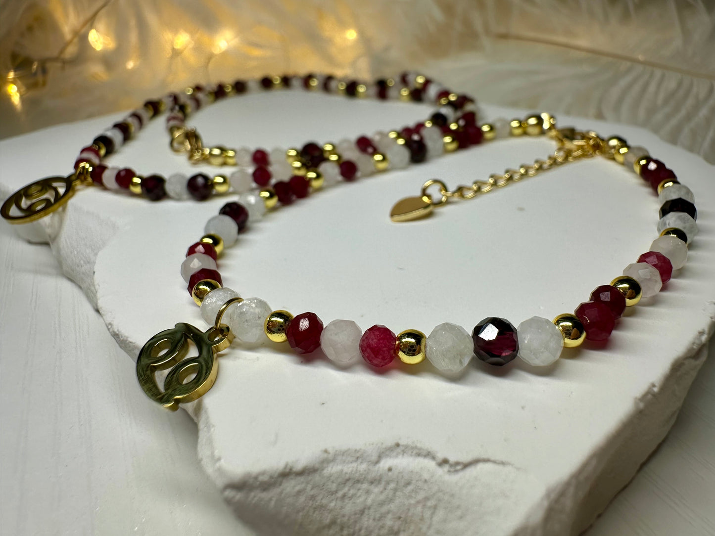 Cancer Zodiac Jewelry Set – Handmade Ruby, Rose Quartz & Moonstone Necklace and Bracelet Astrology Gift