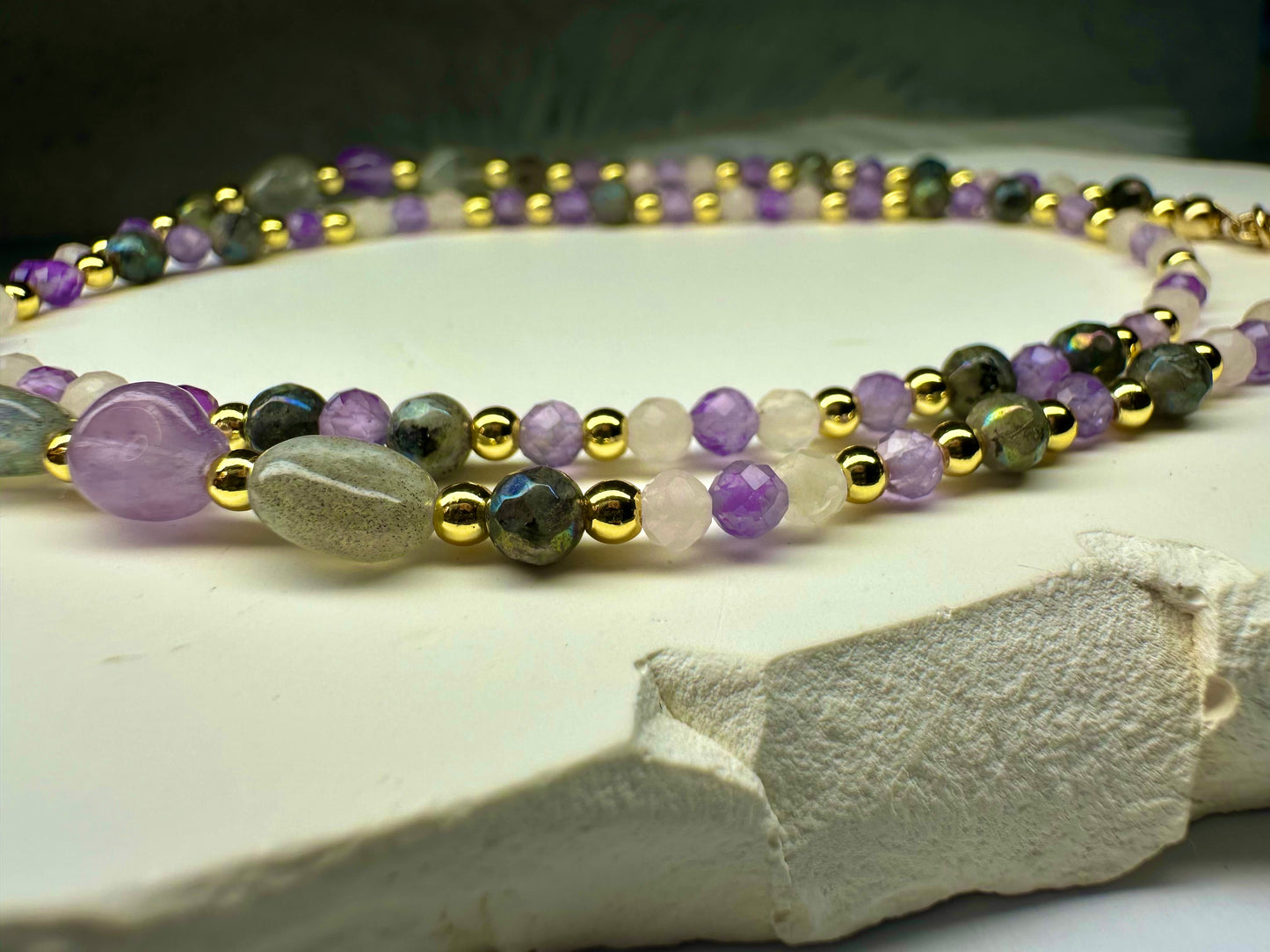 Labradorite, Rose Quartz & Amethyst Necklace – Handmade Beaded Crystal Necklace for Intuition, Love & Protection