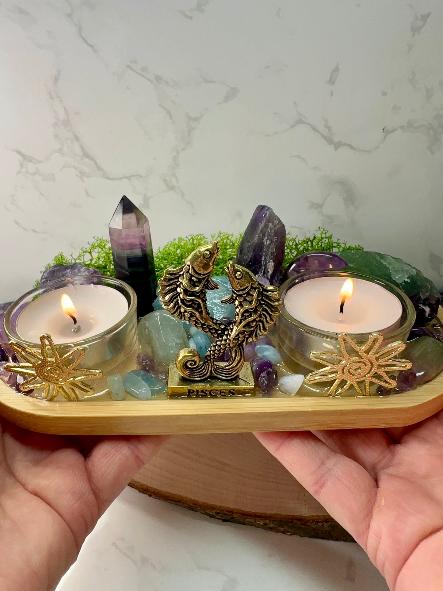 Pisces Zodiac Crystal Altar • Rainbow Fluorite, Aquamarine & Amethyst