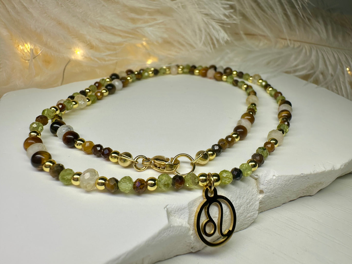 Handmade Leo Zodiac Necklace – Peridot, Tiger Eye & Citrine Beaded Crystal Jewelry Astrology Birthday Gift