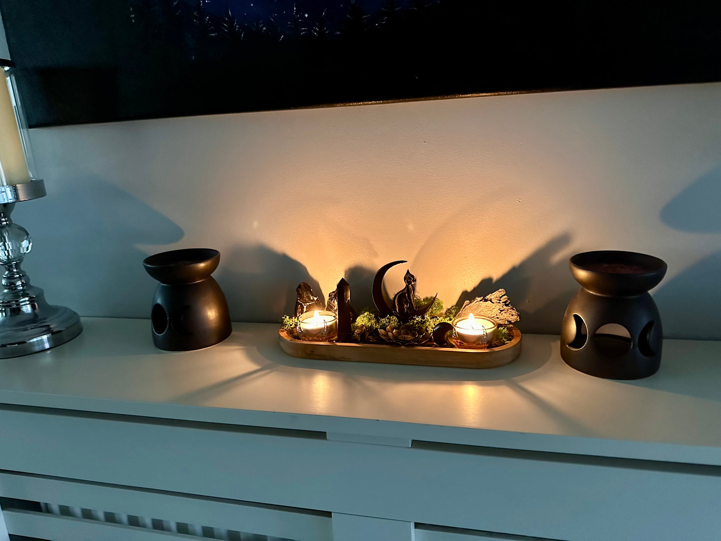 Black Tourmaline & Obsidian Moon Cat Altar | Incense Holder | Housewarming Gift |Witchcraft Decor | Protection Crystal Tray| Resin Altar