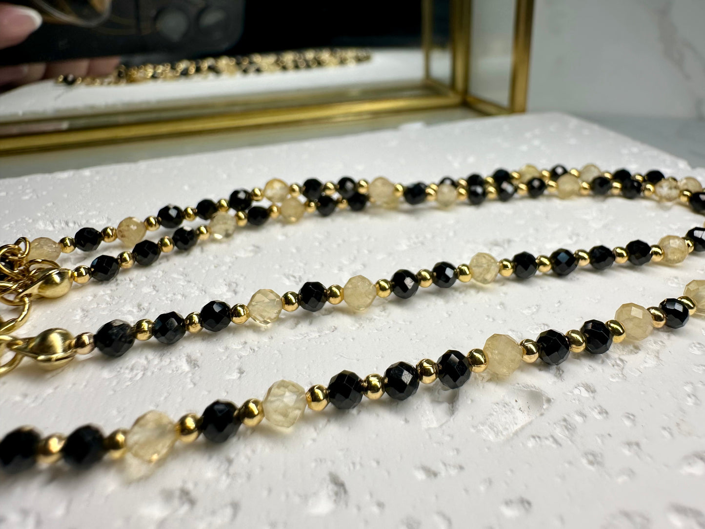 Dainty Black Tourmaline  Citrine Necklace • Mandala Pendant • Protection & Abundance