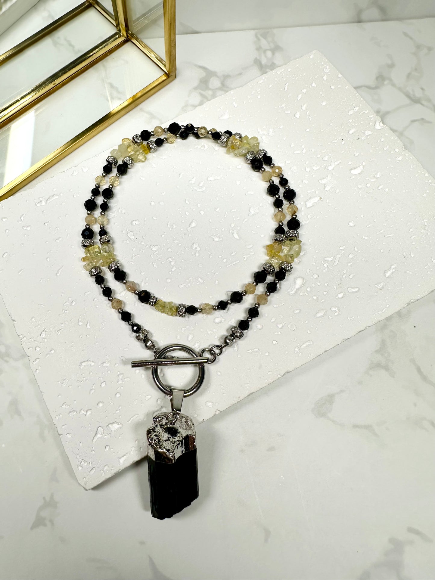 Black Tourmaline & Citrine Necklace with Raw Pendant
