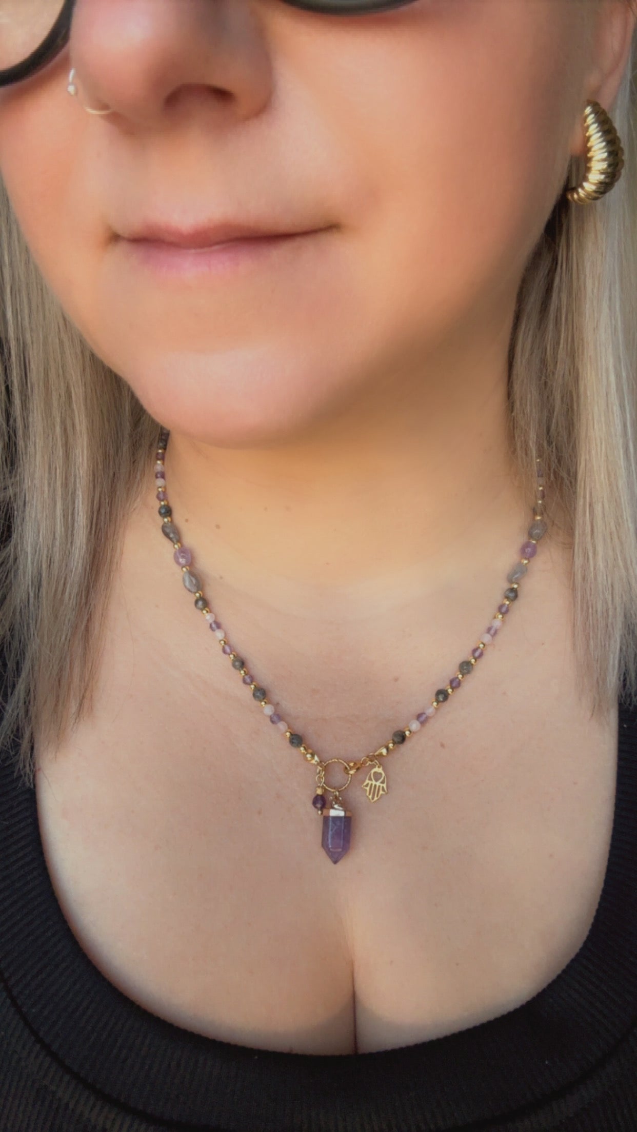 Labradorite, Rose Quartz & Amethyst Necklace – Handmade Beaded Crystal Necklace for Intuition, Love & Protection