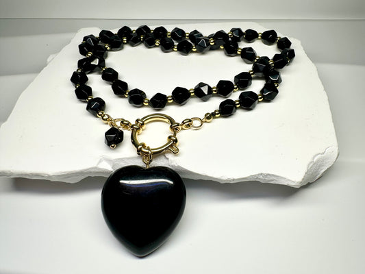 Black Obsidian Heart Necklace – Star Cut Beads – Handmade Crystal Jewelry