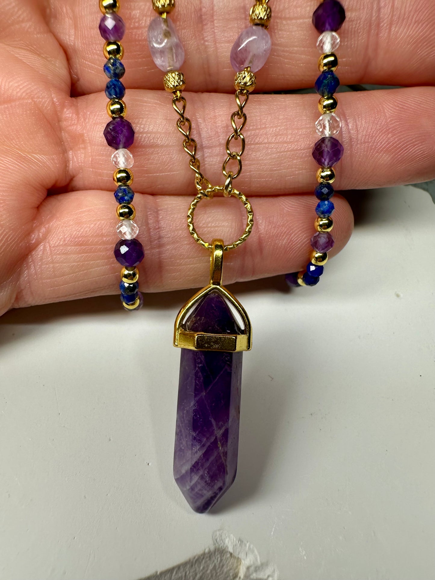 Amethyst, Clear Quartz & Lapis Lazuli Beaded Necklace – Spiritual Healing Crystal Jewelry